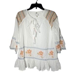 Cupio Floral Embroidered Peasant Bell Sleeve Top Medium Boho Cottage Coastal